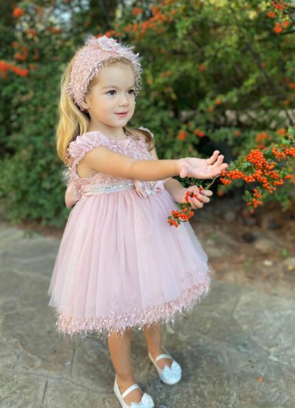 3.K4350P girls pink christening dress bow feathers